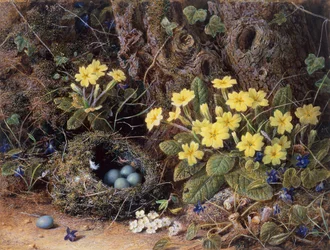 Naturaleza Muerta con un Nido de Pájaros, Primaveras y Violetas