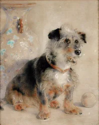 Terrier sentado frente a un jarrón Canton Famille Rose