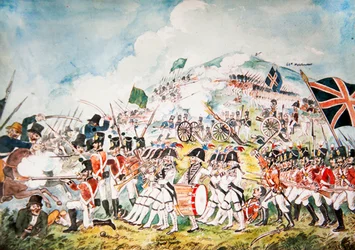 La Real Milicia de Dublín de la Reina entrando en acción en la Batalla de Vinegar Hill, Wexford, 1798