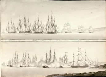 Diferentes modos de pintar línea de barcos de combate, principios del siglo XIX (pluma, aguada gris)