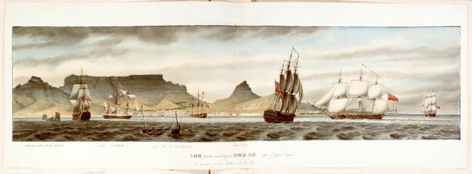 Escuadra de barcos desde el fondeadero de Table Bay, Cabo de Buena Esperanza, finales del siglo XVIII o principios del XIX (acuarela)