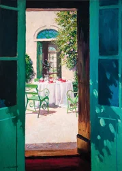 Té de la tarde en el patio (aceite a bordo)