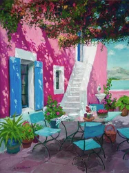 Terraza rosa caliente (óleo sobre tabla)