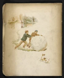 Niños y una bola de nieve.  The Holiday Train: una canción de “Dulce Domum”... Ilustrado por W. J. Webb.  frederick langbridge  Londres, 1891