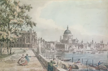 Una copia de parte de un dibujo de Canaletto, de la Catedral de San Pablo desde la Terraza de Somerset House