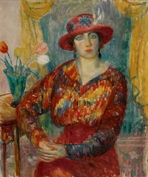 mujer en blusa roja con tulipanes