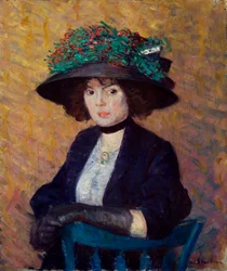 mujer con sombrero verde