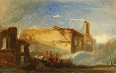 Disturbios de Bristol: Ruinas de almacenes en Prince Street, con tropas montadas, c.1831
