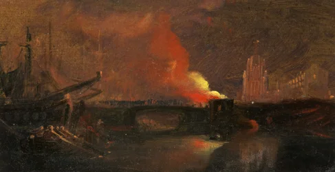 Disturbios de Bristol: La quema de las casas de peaje en el puente de Prince Street con St Mary Redcliffe, c.1831