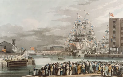 Muelle de St. Katherine: Apertura el 25 de octubre de 1828, grabado por E. Duncan