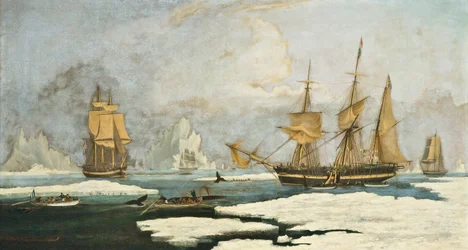 La pesca de ballenas en el norte: El barco Harmony de Hull y otros balleneros atrapados en el hielo, cazando focas, narvales y ballenas en el área de caza de ballenas de los estrechos de Davis frente a Groenlandia
