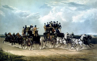 Los correos diurnos de Brighton pasando por Hockward Common, grabado por Charles Hunt