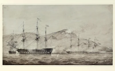 Los buques HMS "Wellesley", "Columbine" y "Grisel", frente a Amoy (China), en 1841. Lavis