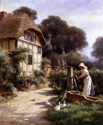 Sacando agua de una fuente de pueblo 1917. Una joven campesina saca agua de una fuente del pueblo (agua de manantial) con gansos a su lado. Al fondo se ve una cabaña con entramado de madera y tejado de paja. Pintura de William Kay Blacklock (1