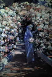 La novia. Una joven novia recoge flores bajo un arco en un jardín. Pintura de William Kennedy (1859-1918 británico) Colección particular