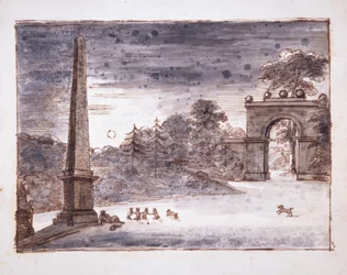Chiswick, la puerta de Burlington Lane y el obelisco a la luz de la luna con Kent sentado junto al obelisco soñando, y con conejos jugando, c.1732
