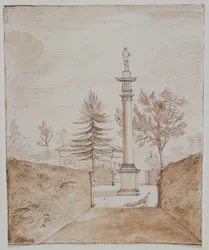 Chiswick, vista de la Columna Dórica con la estatua de Venus de Medici, y un vistazo al lado de la casa de los ciervos