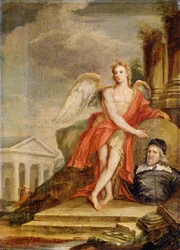 El Genio de la Arquitectura sosteniendo un retrato de Inigo Jones