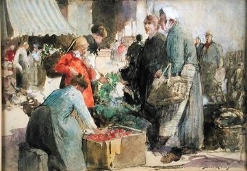 Un mercado de Picardía (acuarela, gouache y lápiz sobre papel)