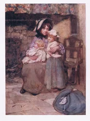 Y besó a sus desconsiderados bebés con muchas lágrimas, y los estrechó, con dolor doblemente querido (litografía en color)