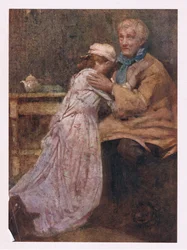 Y dejó a un amante por los brazos de su padre (litografía en color)
