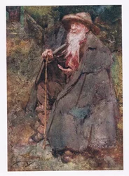 El largamente recordado mendigo era su invitado, cuya barba descendiendo barría su envejecido pecho (litografía en color)