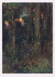 Esos bosques enmarañados donde los pájaros se olvidaron de cantar, pero los murciélagos silenciosos en racimos somnolientos se aferran (litografía en color)