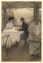 Entre los cenadores en la mesa de Père Lapin