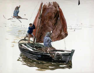 Un hombre y un niño a bordo de un pequeño velero. Acuarela