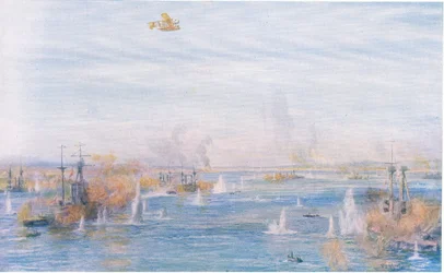 Bombardeando los estrechos, 18 de marzo de 1915, de Cassells History of the British People publicado por la Waverley Book Company Limited, c.1940