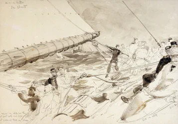 A bordo del yate imperial alemán "Meteor" (1902), con los nombres de los tripulantes, incluido el emperador alemán (Kaizer) Wilhelm II (Guillermo II) (1859-1941), a la derecha.