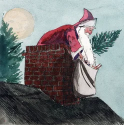 Papá Noel, bajando por una chimenea, arrastrando una bolsa llena de juguetes y un árbol de Navidad. Acuarela, principios del siglo XX, de William Lionel Wyllie (1851-1931).