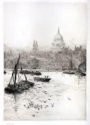 Navegación y gaviotas bajo St Pauls (acuarela)