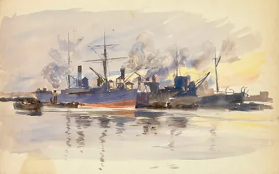 Boceto de barcos mercantes en puerto, finales del siglo XIX-principios del XX (acuarela)