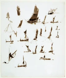 Estudios de casas flotantes en el Támesis (Inglaterra). Gouache extraído de un cuaderno, hacia 1890, de William Lionel Wyllie (1851-1931).