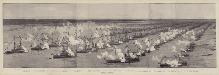 La gran revista naval en Spithead en honor al Jubileo de Diamante de la Reina, 26 de junio de 1897, la flota disparando el saludo real a la entrada del yate real en las líneas