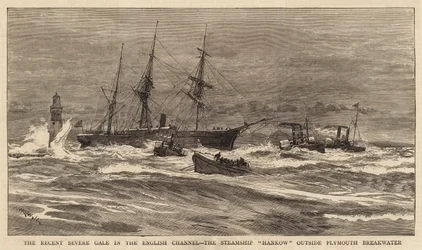 El Reciente Fuerte Temporal en el Canal de la Mancha, el Vapor Hankow fuera del Rompeolas de Plymouth