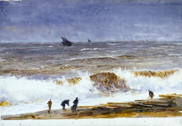 La playa de Berck sur mer (Berck-sur-Mer) (Francia), con mar turbulento y personajes en la playa. Acuarela, después de 1890, de William Lionel Wyllie (1851-1931).