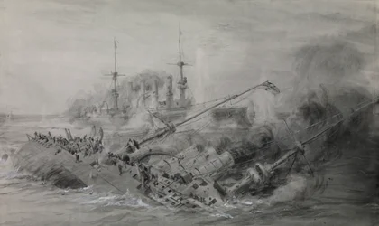 El último de los "Scharnhorst" y "Gneisenau"; la Batalla de las Islas Malvinas, 8 de diciembre de 1914, hacia las 16.15, c.1915-18 (aguada, gris, realzado con blanco)