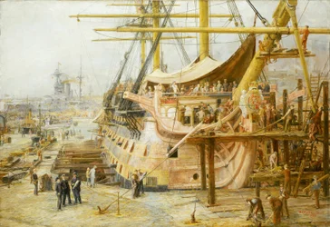 La restauración del HMS "Victory", en la dársena de los muelles de Portsmouth (Inglaterra), tras el lanzamiento de una gran operación de financiación nacional para salvar el barco de la victoria de Trafalgar (1805), el barco fue devuelto al agua en abril d