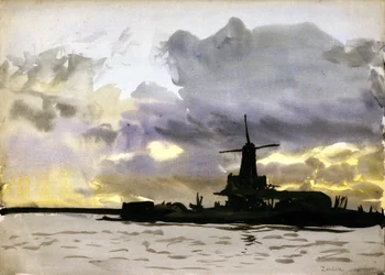 El molino de viento de Zaandam, al norte de Ámsterdam (Países Bajos). Acuarela