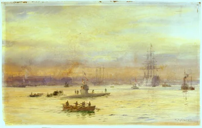En esta vista se ve el puerto por el lado de Gosport, donde se aproxima un submarino con otro delante.