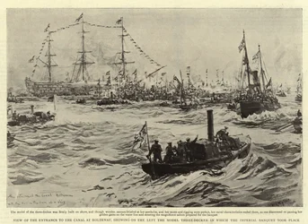 Vista de la entrada al canal en Holtenau, mostrando a la izquierda el modelo de tres cubiertas en el que tuvo lugar el banquete imperial