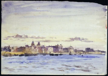 Vista del Royal Naval College, en Greenwich (Inglaterra), sobre el Támesis, al atardecer, tomada desde Blackwall (orilla opuesta). Acuarela, principios del siglo XX, de William Lionel Wyllie (1851-1931).