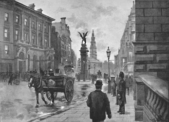 Calle Fleet, mostrando el Memorial de Temple Bar y el Banco Childs, 1891