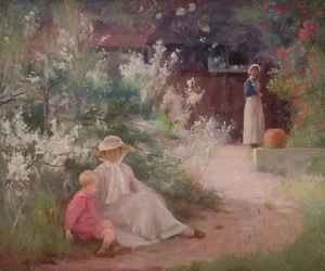 Dama con su hijo pequeño y su criada en el jardín