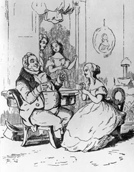 Mr Joseph Sedley enredado por Becky Sharp, ilustración para el 1er capítulo de Vanity Fair, novela de William Makepeace Thackeray (1811-1863), grabado según dibujo de William Makepeace Thackeray (1811-1863), publicado en Chicago en 1882.