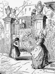 La despedida de Rebeca, capítulo I, ilustración para Vanity Fair, novela de William Makepeace Thackeray (1811-1863), grabado según dibujo de William Makepeace Thackeray (1811-1863), publicado en 1882, Chicago.