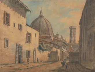 Una calle de Florencia con el Duomo y el Campanile al fondo