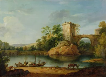 Paisaje fluvial italianizado con campesinos en una barcaza y un puente al fondo, c.1770